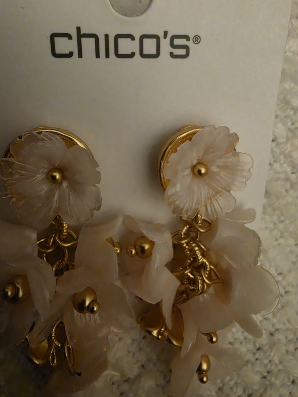 Chico's Clip Gold-Tone Drop Earrings with Pink Floral Clusters
